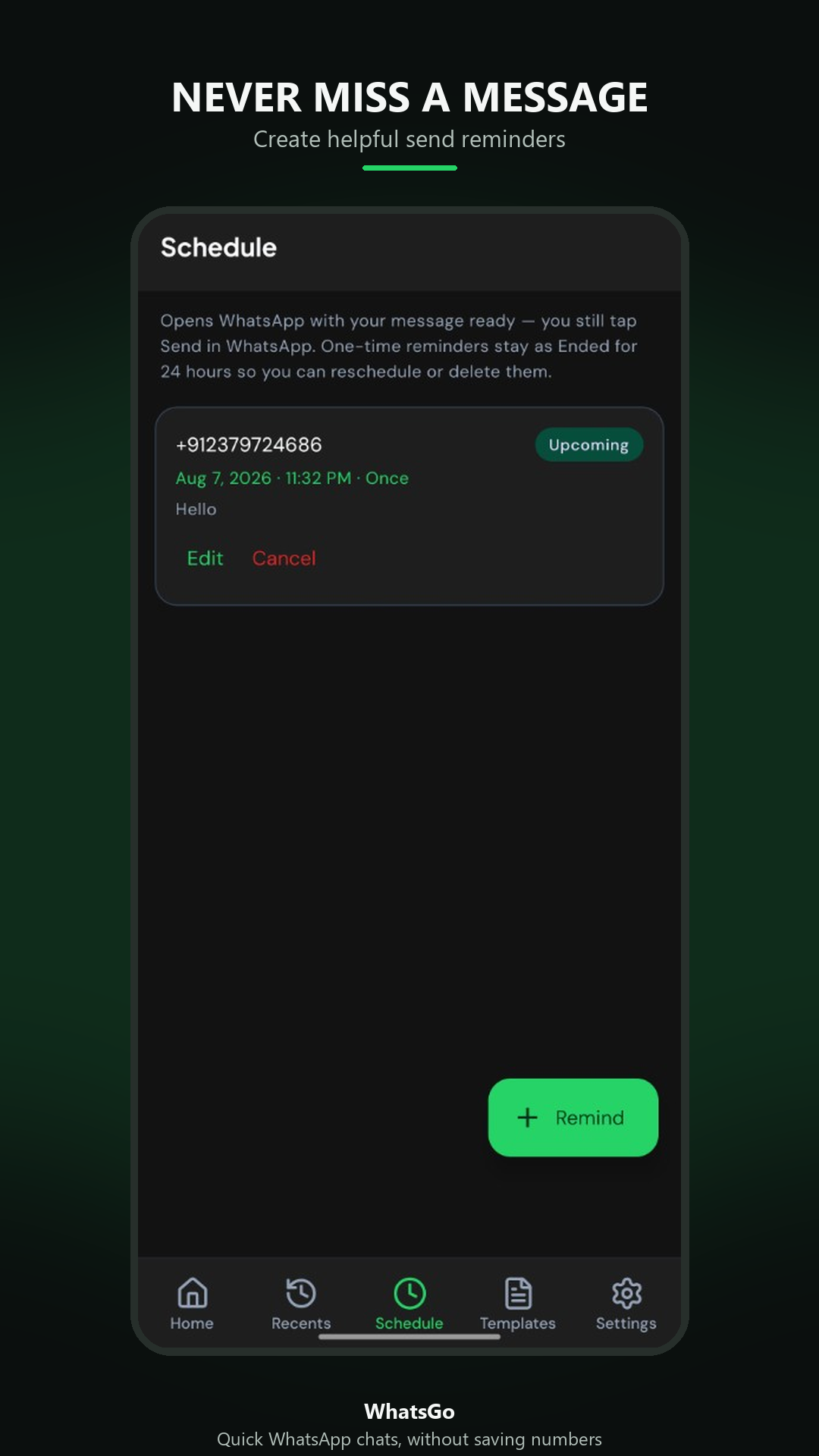 WhatsGo reminder screen