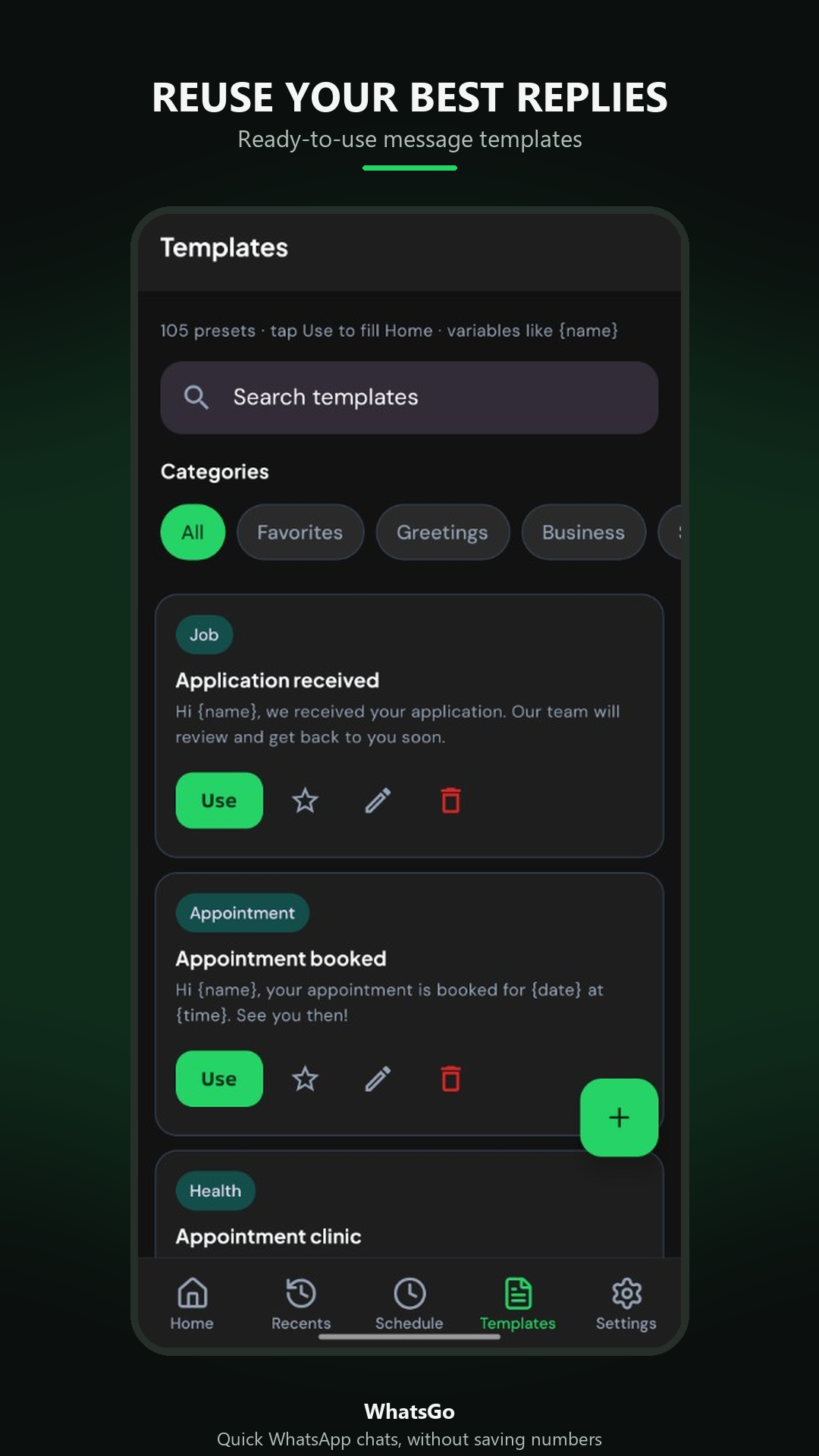 WhatsGo message templates screen